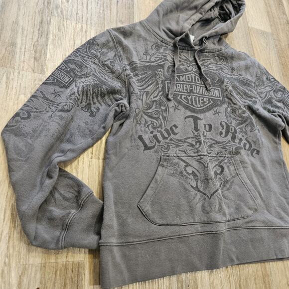 Harley Davidson Y2K Style Hoodie Mens S Gray Flames AOP Biker Tattoo RARE Style - Picture 4 of 9